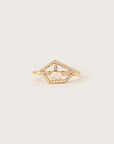 A delicate 18K yellow gold ring featuring a geometric openwork design with pavé-set diamonds, centered around a captivating rose-cut diamond. Inspired by celestial constellations, this modern yet timeless ring exudes refined elegance.