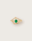 Yellow gold ring with an open diamond-studded geometric frame, centered by an oval-cut emerald.