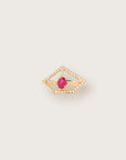 Yellow gold ring featuring an open geometric diamond frame with a vivid oval-cut ruby at the center.
