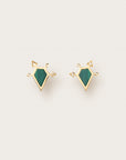 Gold earrings with green geometric stones and diamond-studded arrow-like accents