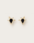 Gold earrings with black geometric stones and diamond-studded arrow-like accents