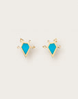 Gold earrings with turquoise geometric stones and diamond-studded arrow-like accents