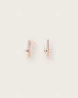 A pair of rose gold huggie earrings featuring pavé diamond detailing and asymmetrical accents with pear- and princess-cut stones for a modern, playful look.